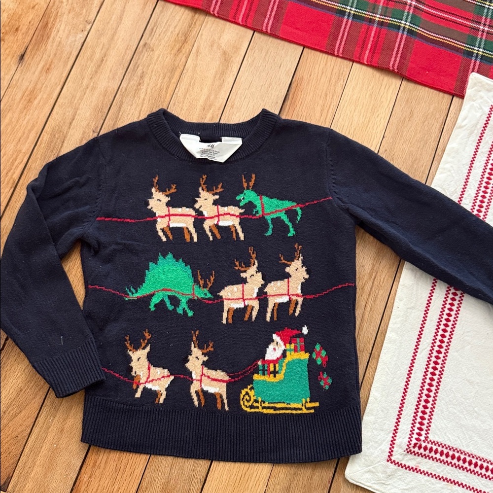 H&M Kids Navy Sweater with Reindeer and Dinosaur Design